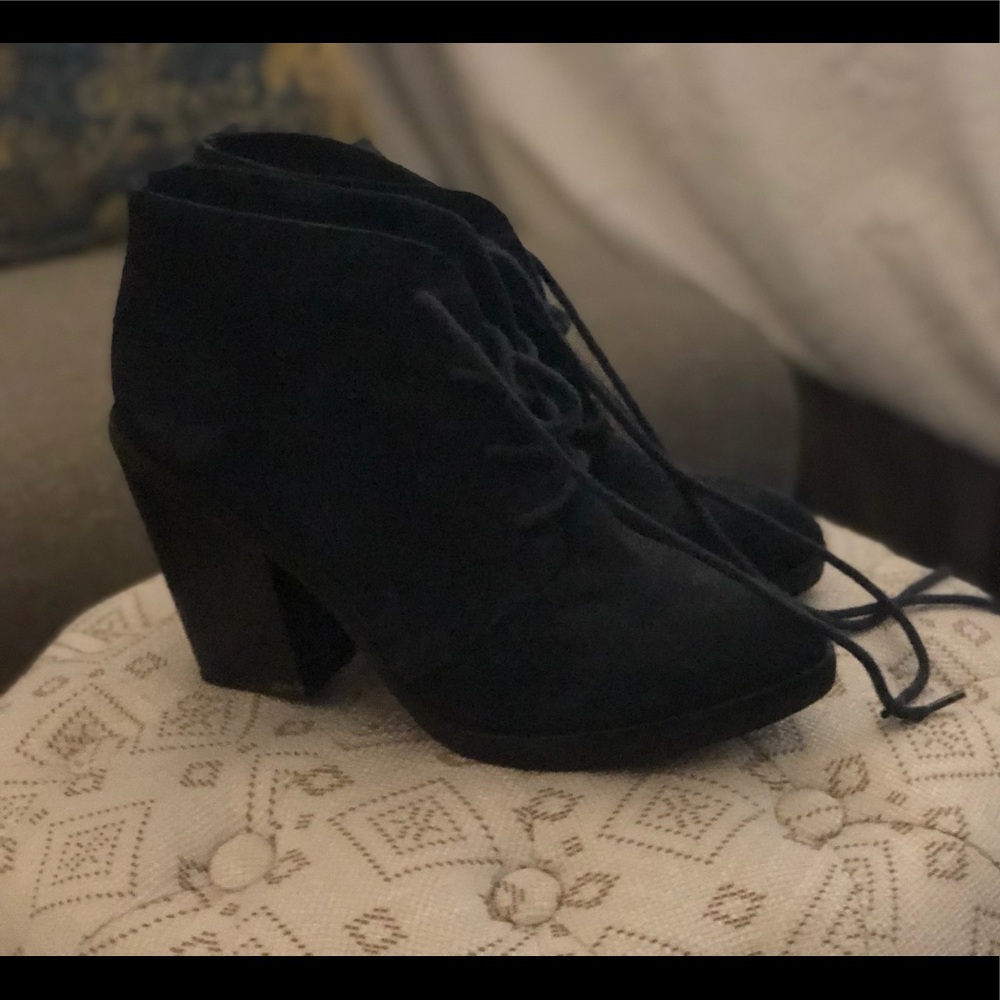 Navy blue suede lace up ankle booties, size 8